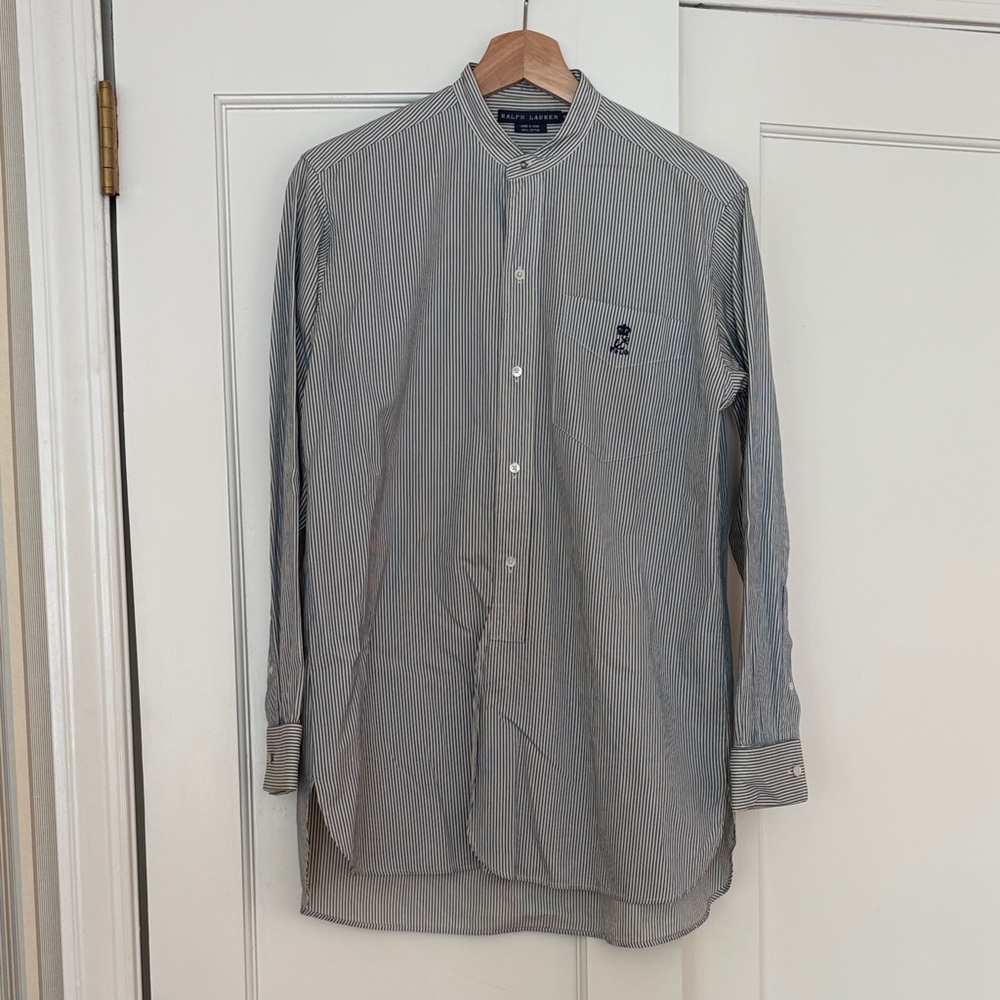 Ralph Lauren Striped Band Collar Dress Shirt - Navy & White